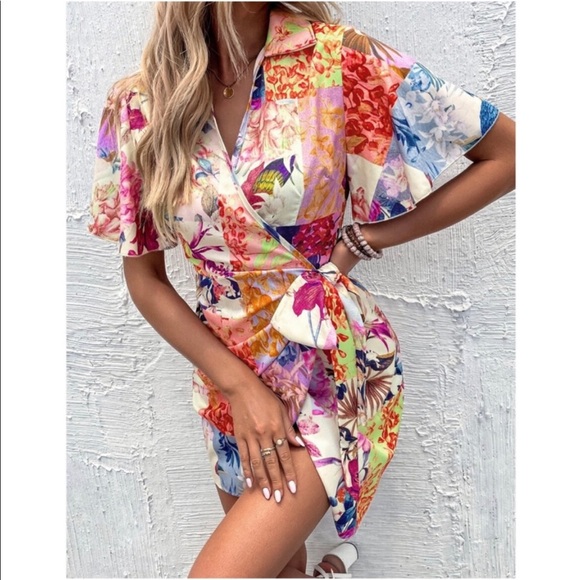 Boho Floral Tropical Butterfly Wrap Mini Dress - Picture 3 of 12